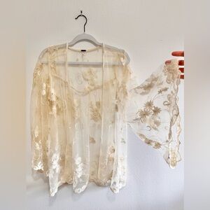 Boho Fairy Indie Sheer Cream Floral Embroidered Kimono Cardigan